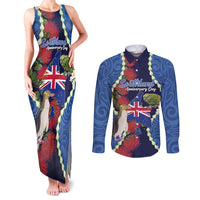 Southland Anniversary Day Couples Matching Tank Maxi Dress and Long Sleeve Button Shirt Murihiku 1861 Maori Bird Mix Pohutukawa LT14 Blue - Polynesian Pride