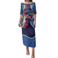 Southland Anniversary Day Family Matching Puletasi and Hawaiian Shirt Murihiku 1861 Maori Bird Mix Pohutukawa LT14 Mom's Dress Blue - Polynesian Pride