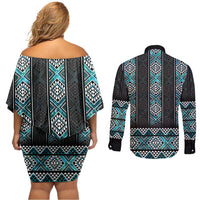 Paua Shell Taniko Pattern Aotearoa Couples Matching Off Shoulder Short Dress and Long Sleeve Button Shirt Niho Taniwha Mix Poutama