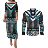 Paua Shell Taniko Pattern Aotearoa Couples Matching Puletasi and Long Sleeve Button Shirt Niho Taniwha Mix Poutama