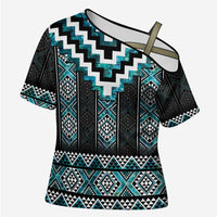 Paua Shell Taniko Pattern Aotearoa Cross Shoulder Shirt Niho Taniwha Mix Poutama - Polynesian Pride