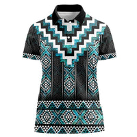 Paua Shell Taniko Pattern Aotearoa Women Polo Shirt Niho Taniwha Mix Poutama LT14 Female Turquoise - Polynesian Pride