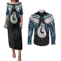 Aotearoa Korowai Motif Couples Matching Puletasi and Long Sleeve Button Shirt Hei Matau Poutama Maori Pattern