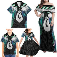 Aotearoa Korowai Motif Family Matching Off Shoulder Maxi Dress and Hawaiian Shirt Hei Matau Poutama Maori Pattern LT14 - Polynesian Pride