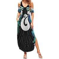 Aotearoa Korowai Motif Family Matching Summer Maxi Dress and Hawaiian Shirt Hei Matau Poutama Maori Pattern LT14 Mom's Dress Turquoise - Polynesian Pride