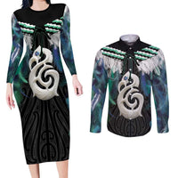 Aotearoa Korowai Motif Couples Matching Long Sleeve Bodycon Dress and Long Sleeve Button Shirt Hei Manaia Poutama Maori Pattern