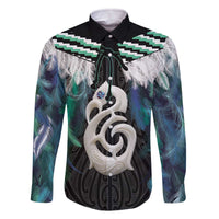 Aotearoa Korowai Motif Family Matching Off The Shoulder Long Sleeve Dress and Hawaiian Shirt Hei Manaia Poutama Maori Pattern LT14 Dad's Shirt - Long Sleeve Turquoise - Polynesian Pride