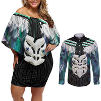Aotearoa Korowai Motif Couples Matching Off Shoulder Short Dress and Long Sleeve Button Shirt Maori Wheku Poutama LT14 Turquoise - Polynesian Pride