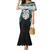 Aotearoa Korowai Motif Family Matching Mermaid Dress and Hawaiian Shirt Maori Wheku Poutama LT14 Mom's Dress Turquoise - Polynesian Pride