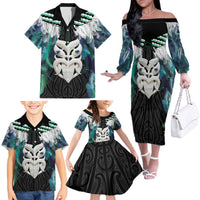 Aotearoa Korowai Motif Family Matching Off The Shoulder Long Sleeve Dress and Hawaiian Shirt Maori Wheku Poutama LT14 - Polynesian Pride