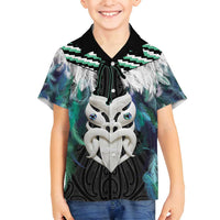 Aotearoa Korowai Motif Family Matching Off Shoulder Maxi Dress and Hawaiian Shirt Maori Wheku Poutama LT14 Son's Shirt Turquoise - Polynesian Pride