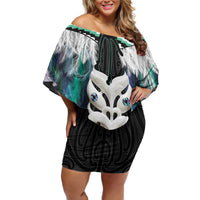 Aotearoa Korowai Motif Off Shoulder Short Dress Maori Wheku Poutama