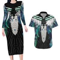 Aotearoa Korowai Motif Couples Matching Long Sleeve Bodycon Dress and Hawaiian Shirt Maori Tane Poutama LT14 Turquoise - Polynesian Pride