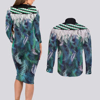 Aotearoa Korowai Motif Couples Matching Long Sleeve Bodycon Dress and Long Sleeve Button Shirt Maori Tane Poutama