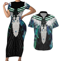 Aotearoa Korowai Motif Couples Matching Short Sleeve Bodycon Dress and Hawaiian Shirt Maori Tane Poutama LT14 Turquoise - Polynesian Pride