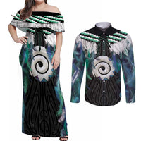 Aotearoa Korowai Motif Couples Matching Off Shoulder Maxi Dress and Long Sleeve Button Shirt Maori Koru Poutama
