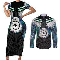 Aotearoa Korowai Motif Couples Matching Short Sleeve Bodycon Dress and Long Sleeve Button Shirt Maori Koru Poutama