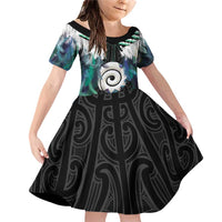 Aotearoa Korowai Motif Family Matching Off Shoulder Short Dress and Hawaiian Shirt Maori Koru Poutama LT14 Daughter's Dress Turquoise - Polynesian Pride