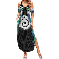 Aotearoa Korowai Motif Family Matching Summer Maxi Dress and Hawaiian Shirt Maori Koru Poutama LT14 Mom's Dress Turquoise - Polynesian Pride