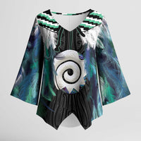 Aotearoa Korowai Motif Kimono Sleeve Blouse Maori Koru Poutama LT14 Female Turquoise - Polynesian Pride
