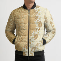 Heiva i Tahiti Bomber Puffer Jacket Tahitian Tiare Maori Cowrie Lei Brown