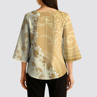 Heiva i Tahiti Kimono Sleeve Blouse Tahitian Tiare Maori Cowrie Lei Brown