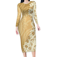 Heiva i Tahiti Long Sleeve Bodycon Dress Tahitian Tiare Maori Cowrie Lei Brown LT14 Long Dress Brown - Polynesian Pride
