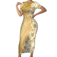 Heiva i Tahiti Short Sleeve Bodycon Dress Tahitian Tiare Maori Cowrie Lei Brown LT14 Long Dress Brown - Polynesian Pride