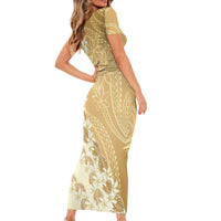 Heiva i Tahiti Short Sleeve Bodycon Dress Tahitian Tiare Maori Cowrie Lei Brown LT14 - Polynesian Pride