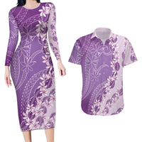 Heiva i Tahiti Couples Matching Long Sleeve Bodycon Dress and Hawaiian Shirt Tahitian Tiare Maori Cowrie Lei Purple LT14 Purple - Polynesian Pride