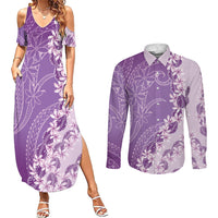 Heiva i Tahiti Couples Matching Summer Maxi Dress and Long Sleeve Button Shirt Tahitian Tiare Maori Cowrie Lei Purple LT14 Purple - Polynesian Pride