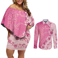 Heiva i Tahiti Couples Matching Off Shoulder Short Dress and Long Sleeve Button Shirt Tahitian Tiare Maori Cowrie Lei Pink LT14 Pink - Polynesian Pride