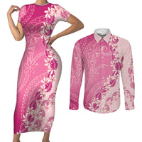 Heiva i Tahiti Couples Matching Short Sleeve Bodycon Dress and Long Sleeve Button Shirt Tahitian Tiare Maori Cowrie Lei Pink LT14 Pink - Polynesian Pride