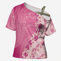 Heiva i Tahiti Cross Shoulder Shirt Tahitian Tiare Maori Cowrie Lei Pink