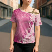 Heiva i Tahiti Cross Shoulder Shirt Tahitian Tiare Maori Cowrie Lei Pink