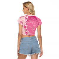 Heiva i Tahiti Raglan Cropped T Shirt Tahitian Tiare Maori Cowrie Lei Pink