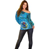 Personalised 13 March Penrhyn Island Gospel Day Off Shoulder Sweater Cook Islands Tribal Pattern LT14 - Polynesian Pride