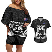 New Zealand Silver Fern Rugby Couples Matching Off Shoulder Short Dress and Hawaiian Shirt Haka Dance With Aotearoa Maori Pattern LT14 Black - Polynesian Pride