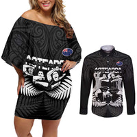 New Zealand Silver Fern Rugby Couples Matching Off Shoulder Short Dress and Long Sleeve Button Shirt Haka Dance With Aotearoa Maori Pattern