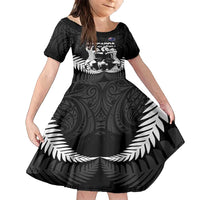 New Zealand Silver Fern Rugby Family Matching Off Shoulder Maxi Dress and Hawaiian Shirt Haka Dance With Aotearoa Maori Pattern LT14 Daughter's Dress Black - Polynesian Pride
