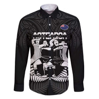 New Zealand Silver Fern Rugby Family Matching Off Shoulder Short Dress and Hawaiian Shirt Haka Dance With Aotearoa Maori Pattern LT14 Dad's Shirt - Long Sleeve Black - Polynesian Pride
