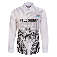 Fiji Tapa Rugby Family Matching Long Sleeve Bodycon Dress and Hawaiian Shirt Cibi Dance With Fijian Pattern LT14 Dad's Shirt - Long Sleeve White - Polynesian Pride