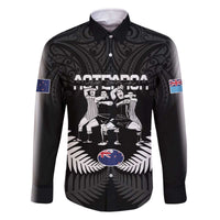 New Zealand And Fiji Tapa Rugby Family Matching Off The Shoulder Long Sleeve Dress and Hawaiian Shirt Haka Dance Mix Cibi Dance Together LT14 Dad's Shirt - Long Sleeve Black - Polynesian Pride