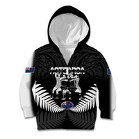 New Zealand And Fiji Tapa Rugby Kid Hoodie Haka Dance Mix Cibi Dance Together LT14 Zip Hoodie Black - Polynesian Pride