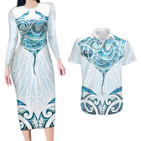 New Zealand Manta Ray Tattoo Couples Matching Long Sleeve Bodycon Dress and Hawaiian Shirt Aotearoa Maori Haehae Paua Shell LT14 White - Polynesian Pride