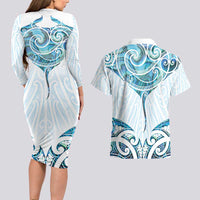New Zealand Manta Ray Tattoo Couples Matching Long Sleeve Bodycon Dress and Hawaiian Shirt Aotearoa Maori Haehae Paua Shell LT14 - Polynesian Pride
