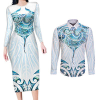 New Zealand Manta Ray Tattoo Couples Matching Long Sleeve Bodycon Dress and Long Sleeve Button Shirt Aotearoa Maori Haehae Paua Shell LT14 White - Polynesian Pride