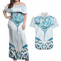 New Zealand Manta Ray Tattoo Couples Matching Off Shoulder Maxi Dress and Hawaiian Shirt Aotearoa Maori Haehae Paua Shell LT14 White - Polynesian Pride