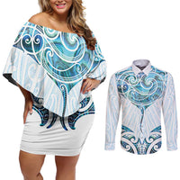 New Zealand Manta Ray Tattoo Couples Matching Off Shoulder Short Dress and Long Sleeve Button Shirt Aotearoa Maori Haehae Paua Shell LT14 White - Polynesian Pride
