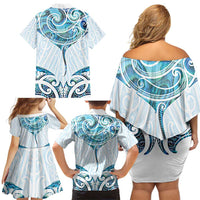 New Zealand Manta Ray Tattoo Family Matching Off Shoulder Short Dress and Hawaiian Shirt Aotearoa Maori Haehae Paua Shell LT14 - Polynesian Pride